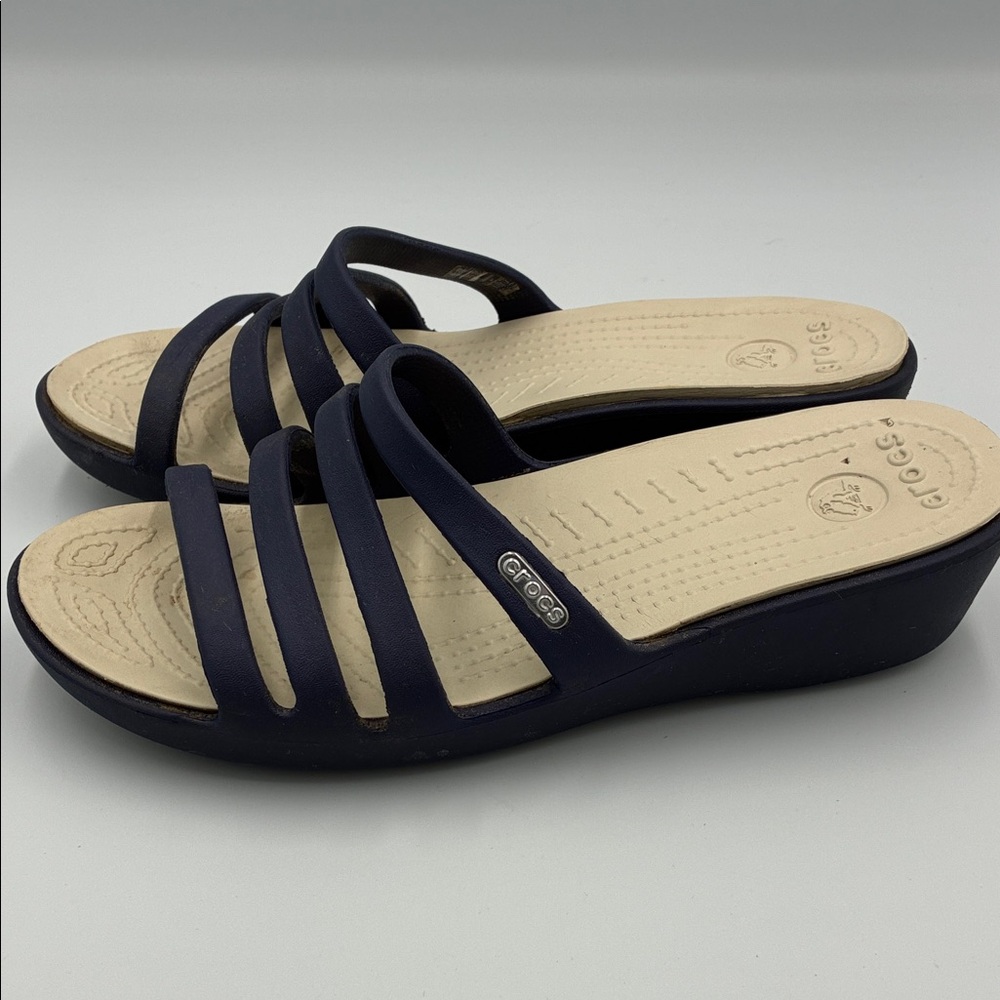CROCS Navy Blue Multi-Strap Wedge Slide Sandals with Beige Footbed